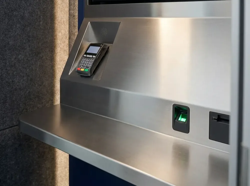 Superficie de trabajo de la OBK150 con lector biométrico y datáfono